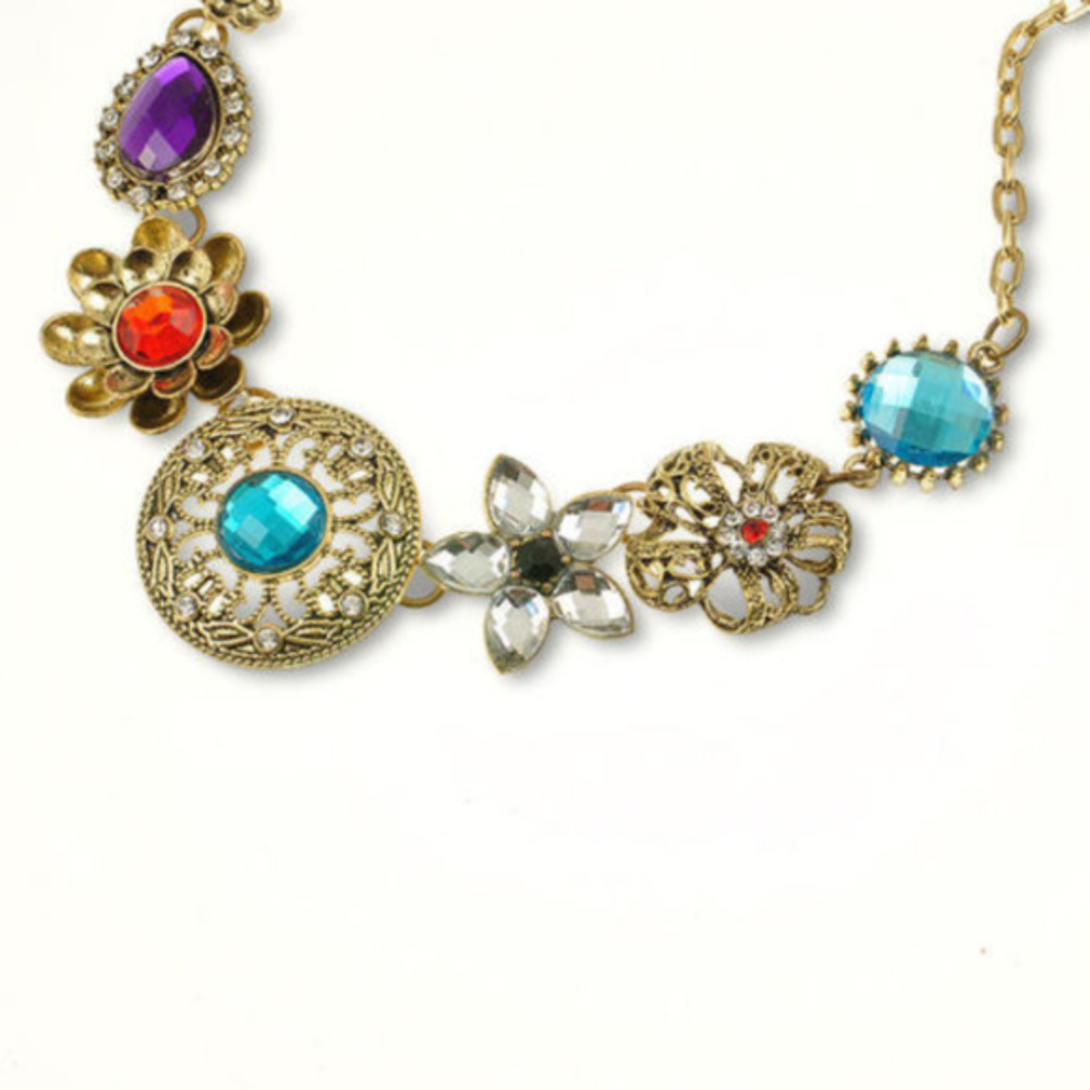 Antique Statement Necklace Crystal Flowers Bronze - Picture 2 of 3